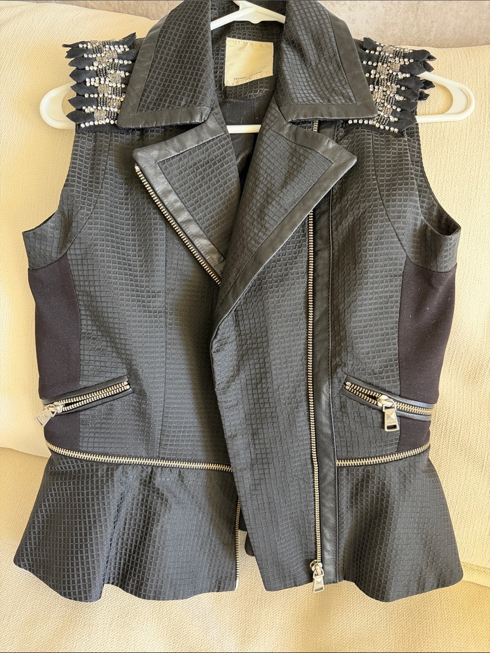 Jazmin Chebar Black Sleeveless Biker Vest with Embellished Shoulders
